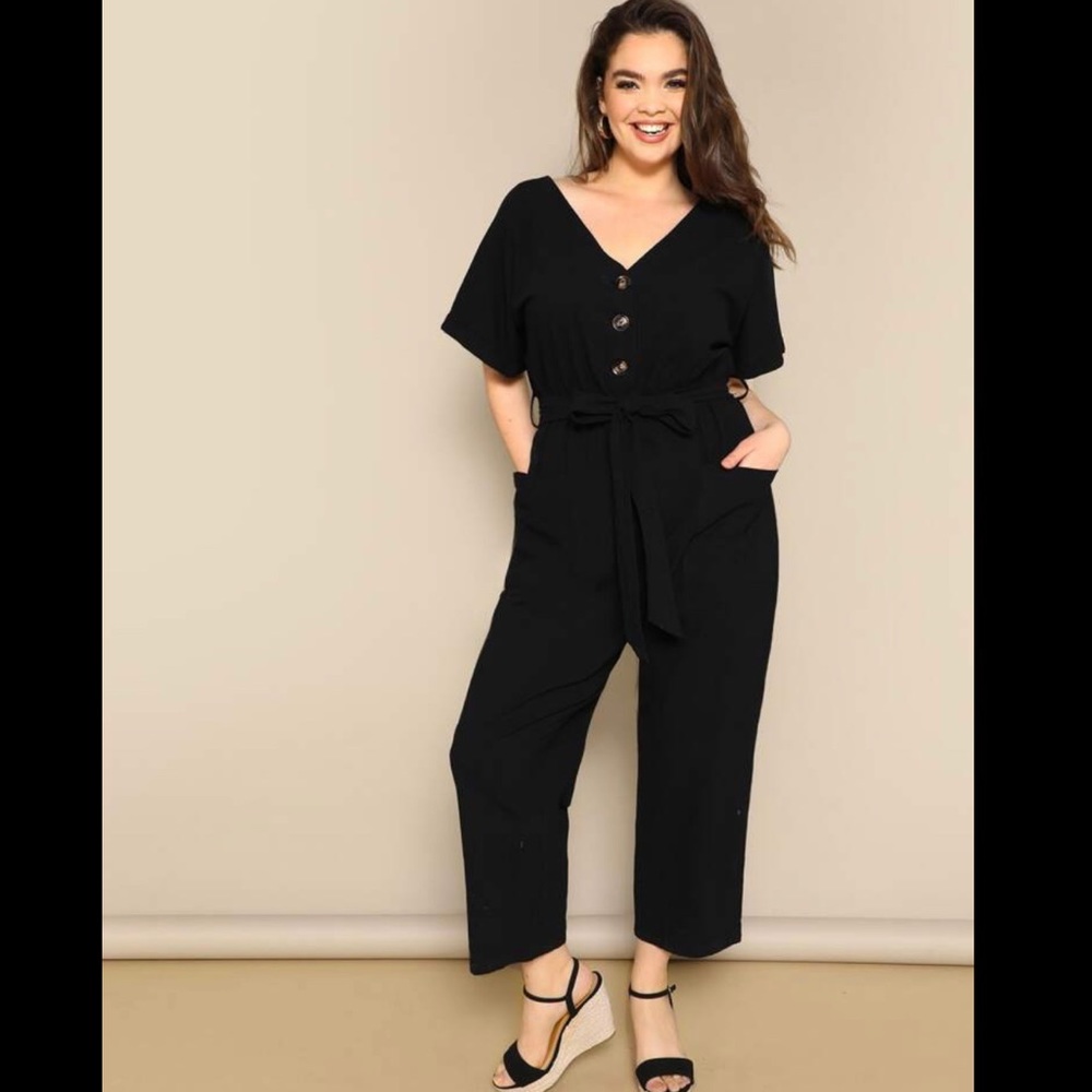 Plus Size Button Front Wide Leg Pant Suit
